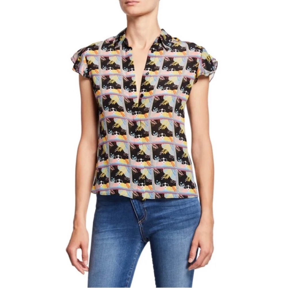 Alice + Olivia “Willa Flutter Sleeve Placket Top” size XS